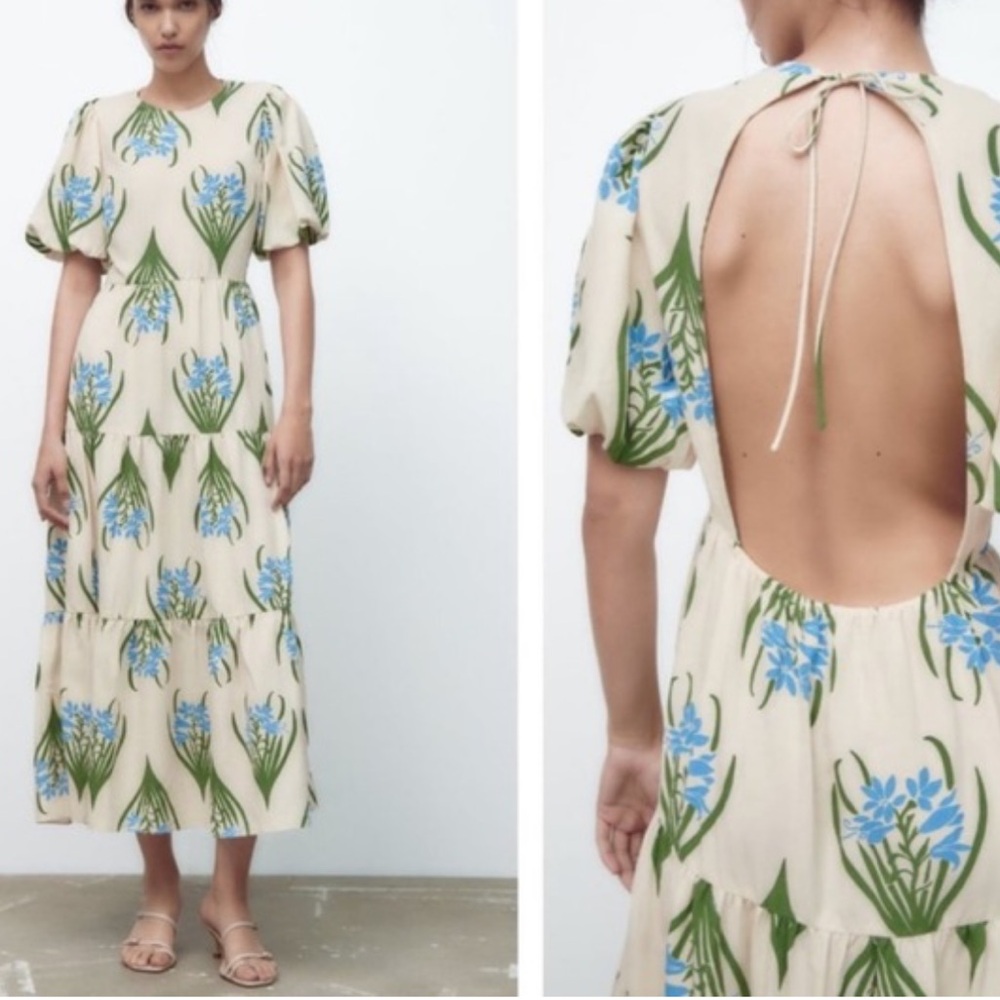 Zara Blue and Cream Midi Dress with Elegant Design